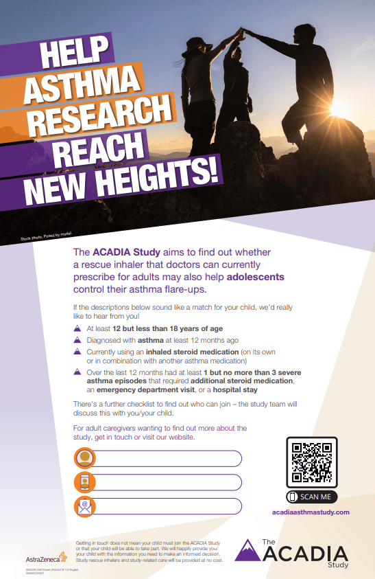 ACADIA adolescent asthma clinical research study flyer for ages 12 to 17