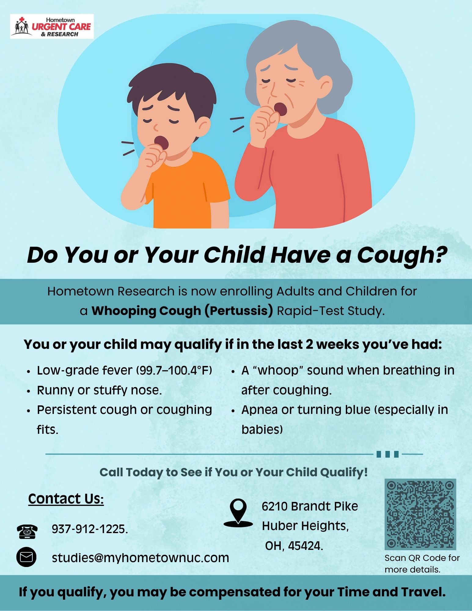 Whooping Cough Pertussis Rapid-Test Study recruitment flyer for adults and children at Hometown Research in Huber Heights, Ohio
