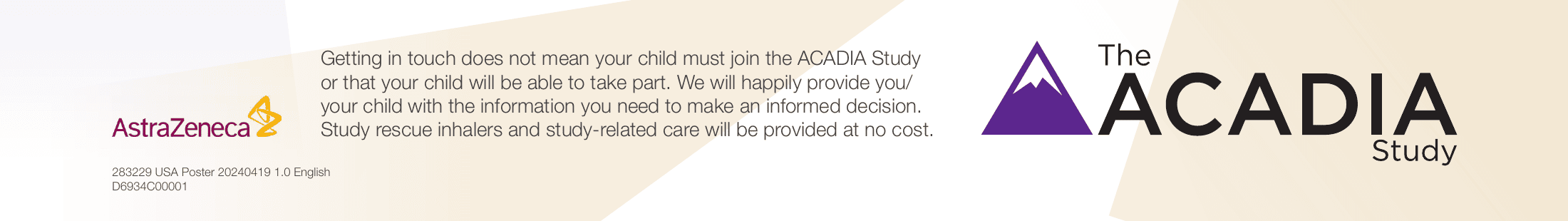 ACADIA Study legal notice, AstraZeneca branding, poster version, study code, and ACADIA Study logo