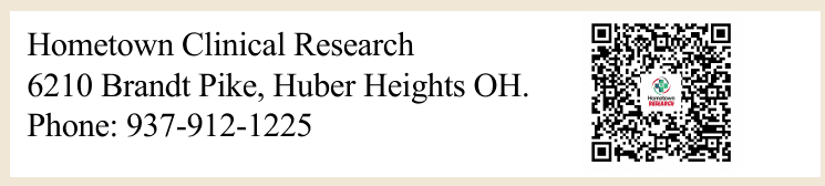Hometown Clinical Research at 6210 Brandt Pike, Huber Heights, Ohio. Phone 937-912-1225. QR code for AMETHYST Study information.
